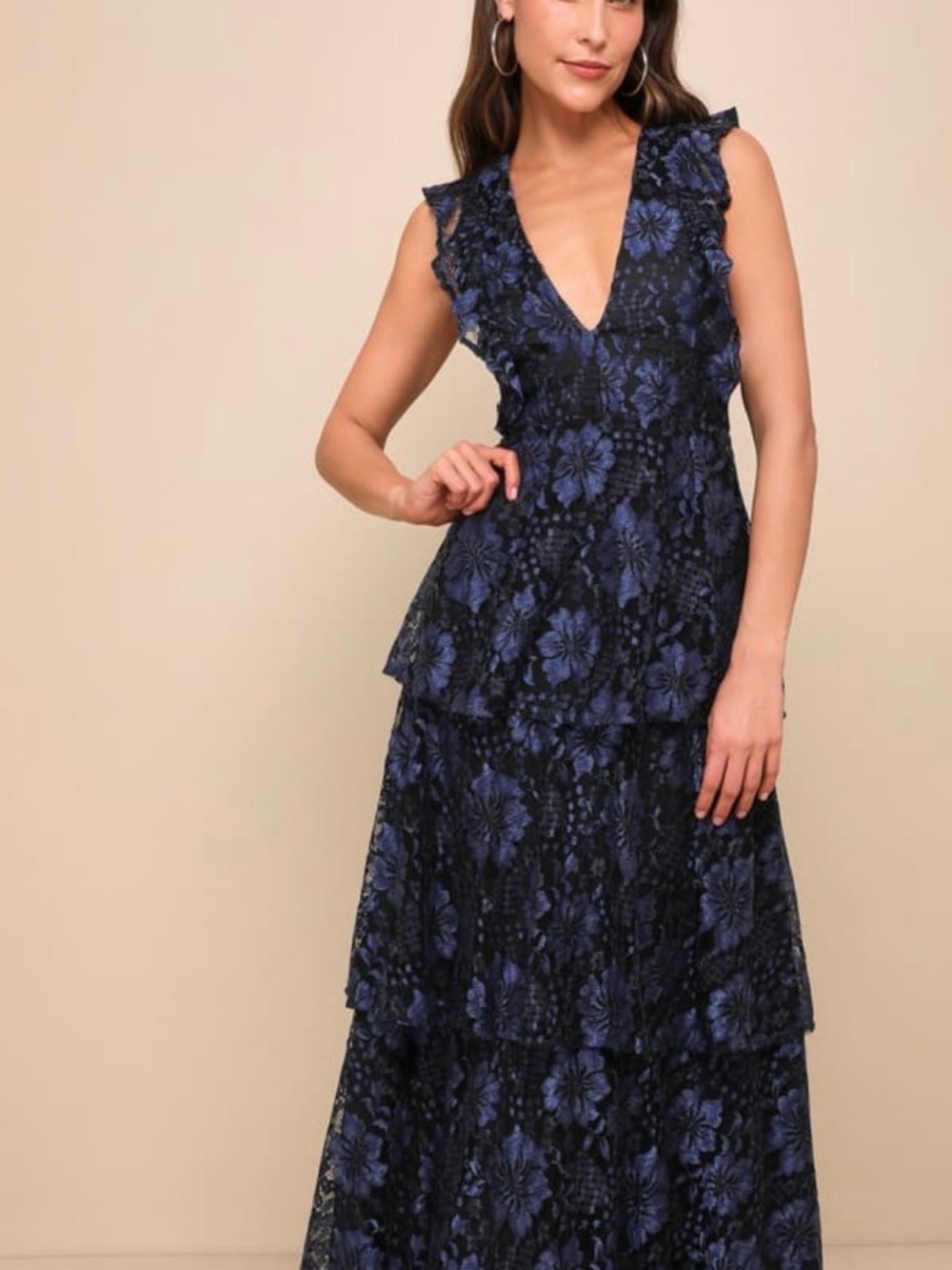 Sleeveless Navy and Black Floral Tiered Maxi Dress